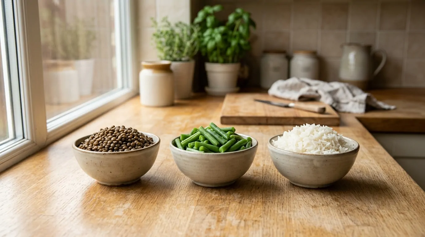 Comparaison lentilles haricots verts riz blanc Trois bols de lentilles, haricots verts et riz blanc cuits pour comparer leurs valeurs nutritionnelles
