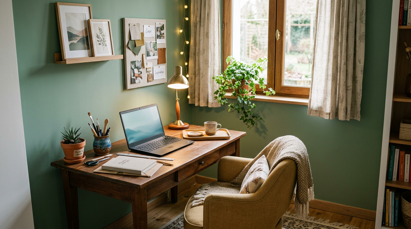 Décoration bureau vert sauge ambiance cosy Petit bureau décoré avec mur vert sauge, lampe chaleureuse et plante pour ambiance cosy