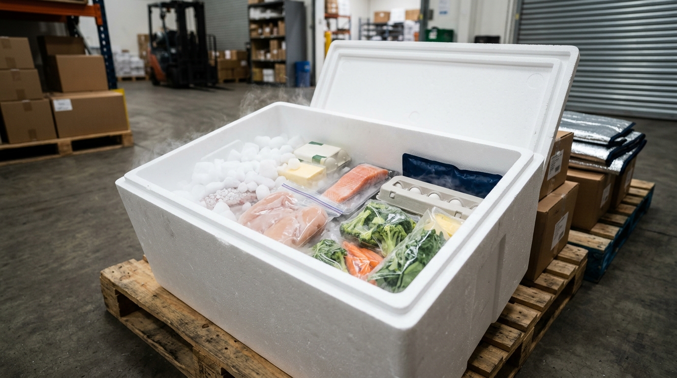 Emballage isotherme glace carbonique produits frais Caisson isotherme en polystyrène ouvert avec glace sèche et produits alimentaires frais à l'intérieur