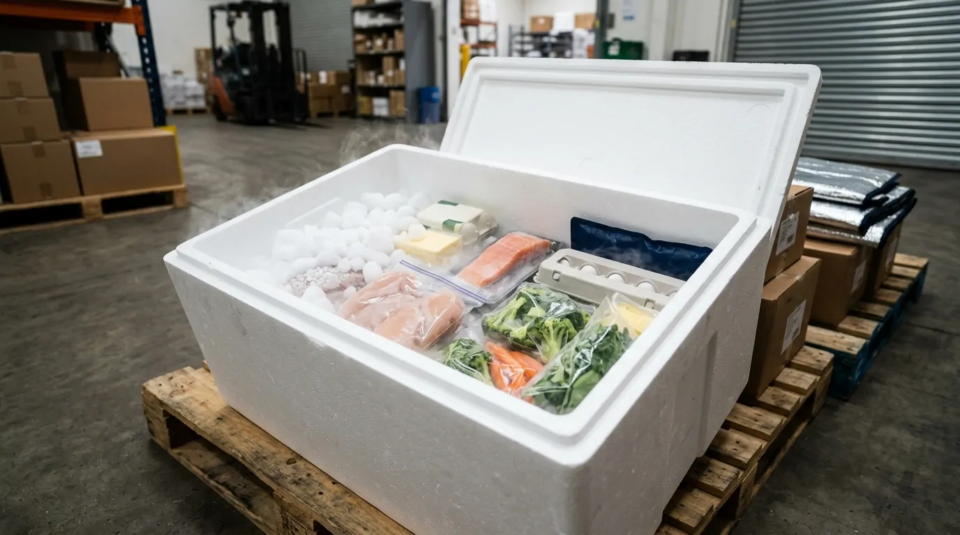 Emballage isotherme glace carbonique produits frais Caisson isotherme en polystyrène ouvert avec glace sèche et produits alimentaires frais à l'intérieur