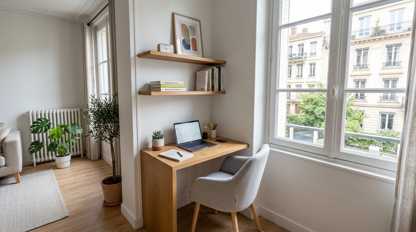 Emplacement bureau petit espace coin rangé Coin bureau compact aménagé dans un angle de pièce avec rangements bien organisés