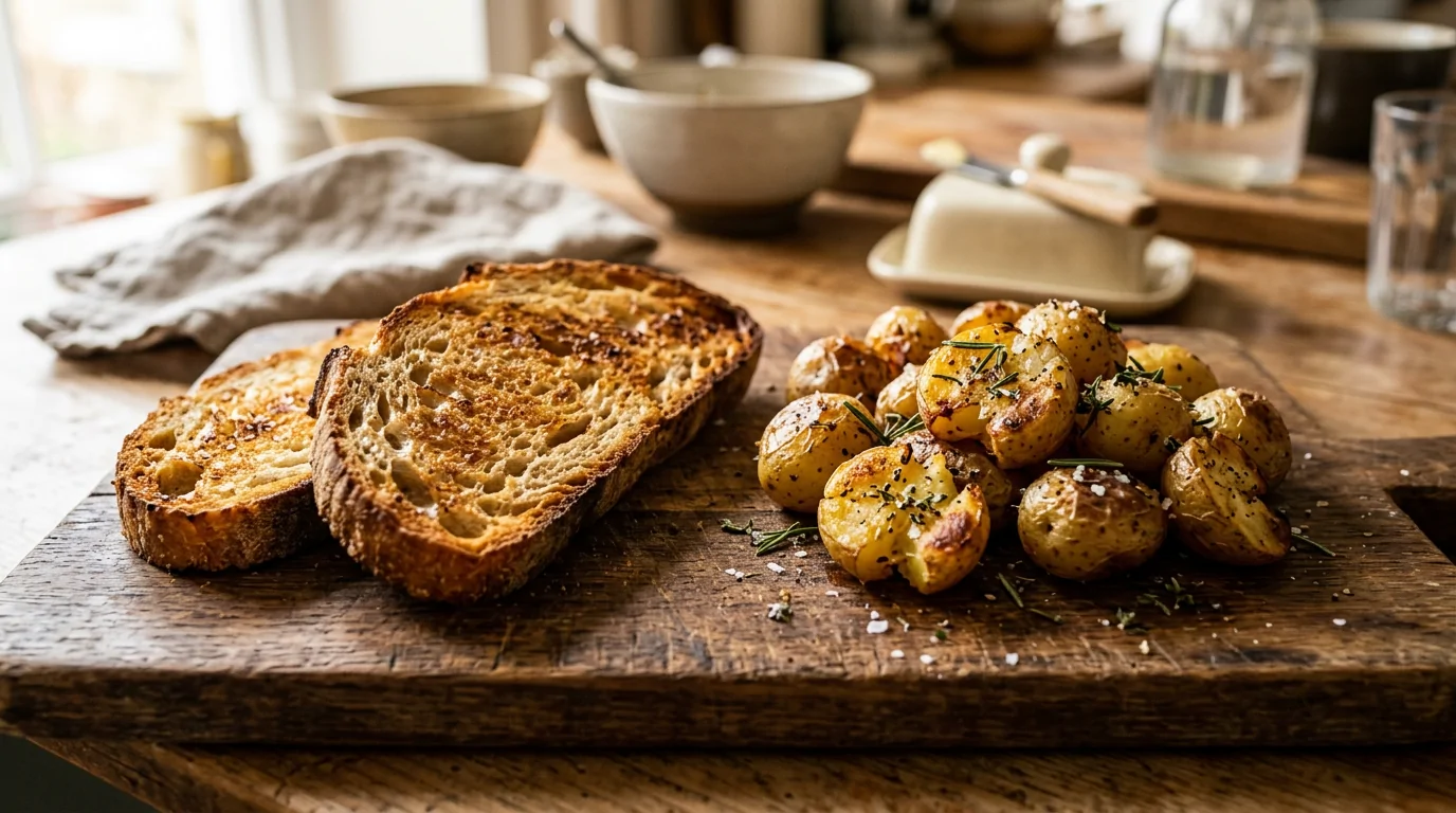 Pain de campagne toasté et pommes de terre pour l'accompagnement d'un camembert Pain de campagne toasté et pommes de terre pour l'accompagnement d'un camembert