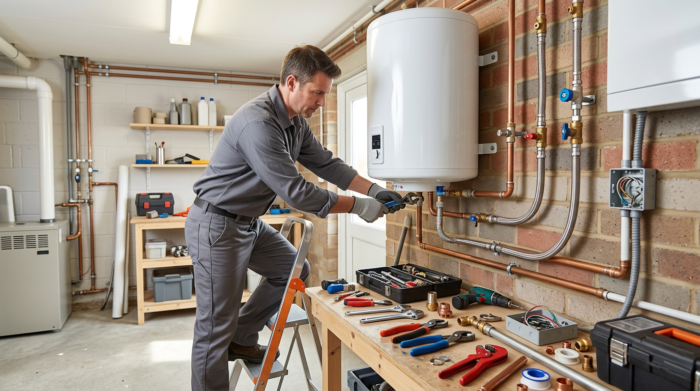 Warmwasserbereiter-Installation durch einen Klempner in Argenteuil Installation eines elektrischen Warmwasserbereiters durch einen professionellen Installateur