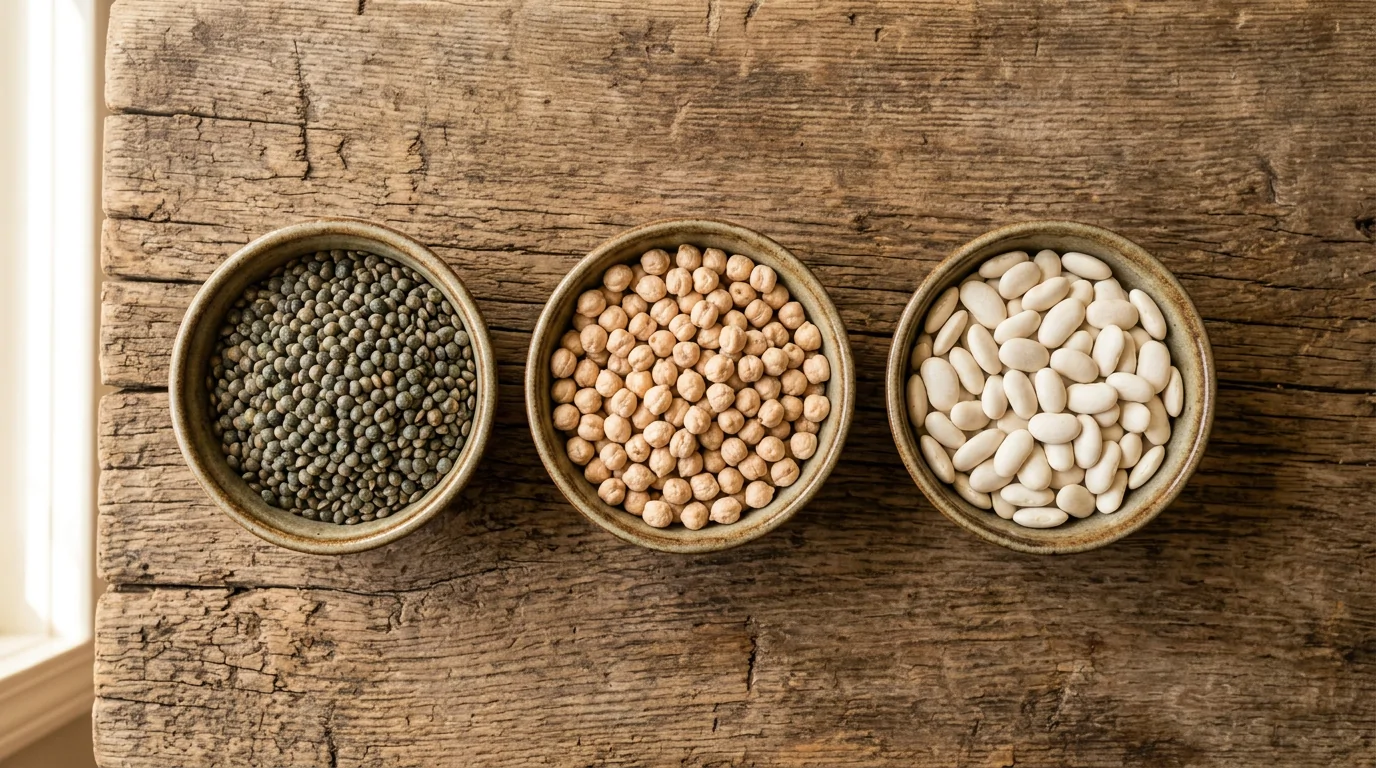 Légumineuses lentilles pois chiches haricots secs Bols de lentilles, pois chiches et haricots secs illustrant la famille des légumineuses