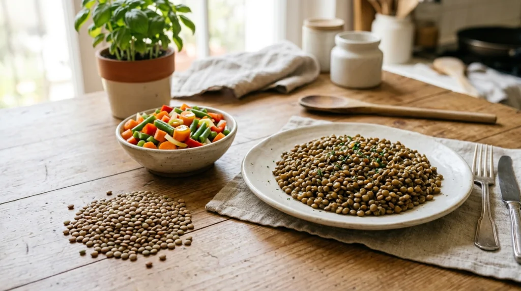 Assiette de lentilles cuites à côté de légumes frais illustrant leur classification nutritionnelle
