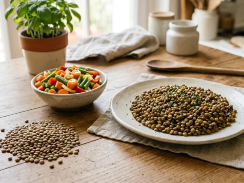 Assiette de lentilles cuites à côté de légumes frais illustrant leur classification nutritionnelle