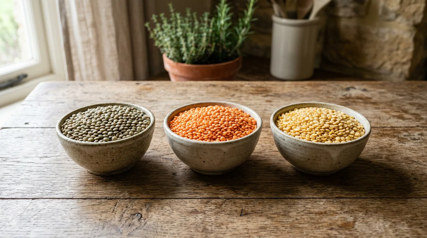 Bols de lentilles vertes corail et blondes présentées côte à côte Bols de lentilles vertes corail et blondes présentées côte à côte