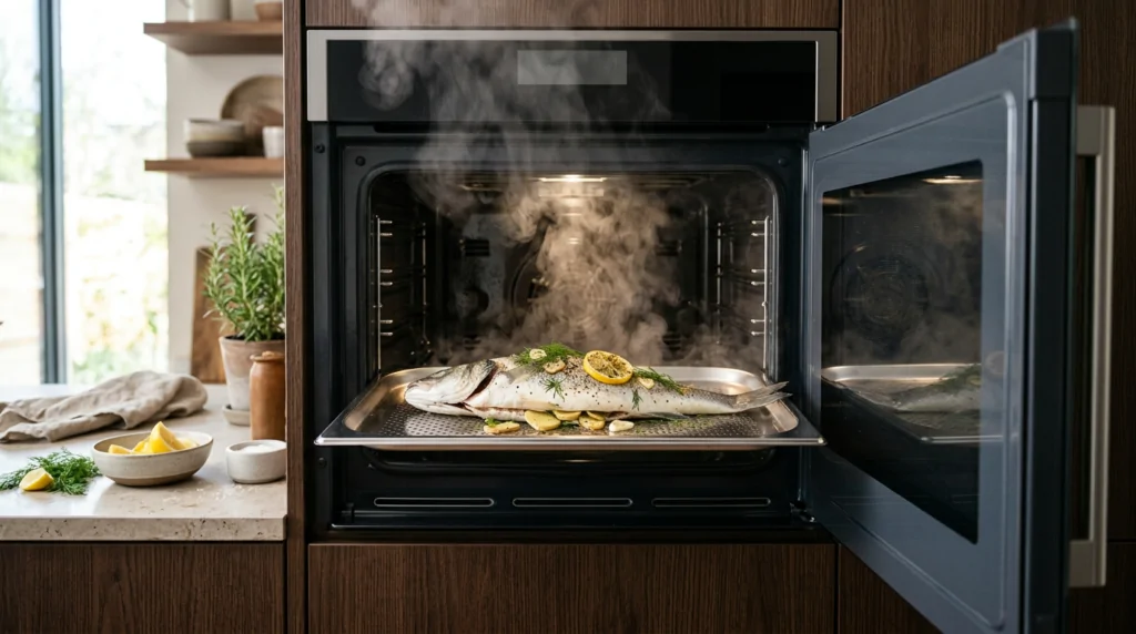 Pescado entero colocado en una bandeja en un horno de vapor combinado con vapor visible