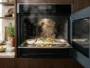Pescado entero colocado en una bandeja en un horno de vapor combinado con vapor visible