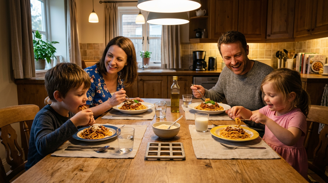 Portion spaghetti enfants et adultes Table familiale avec portions de spaghetti adaptées aux adultes et aux enfants
