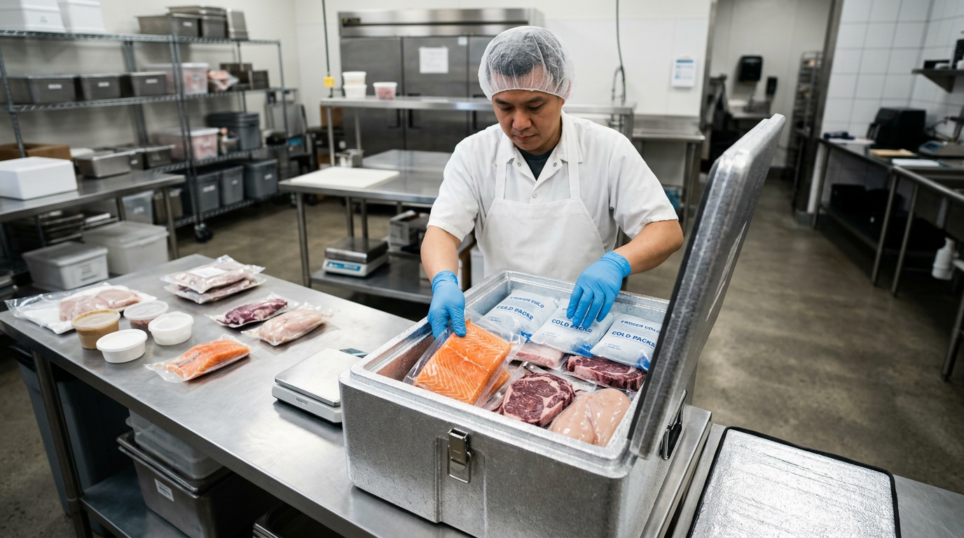 Préparation colis alimentaire isotherme livraison Personne préparant un colis alimentaire isotherme avec des produits frais et des accumulateurs de froid