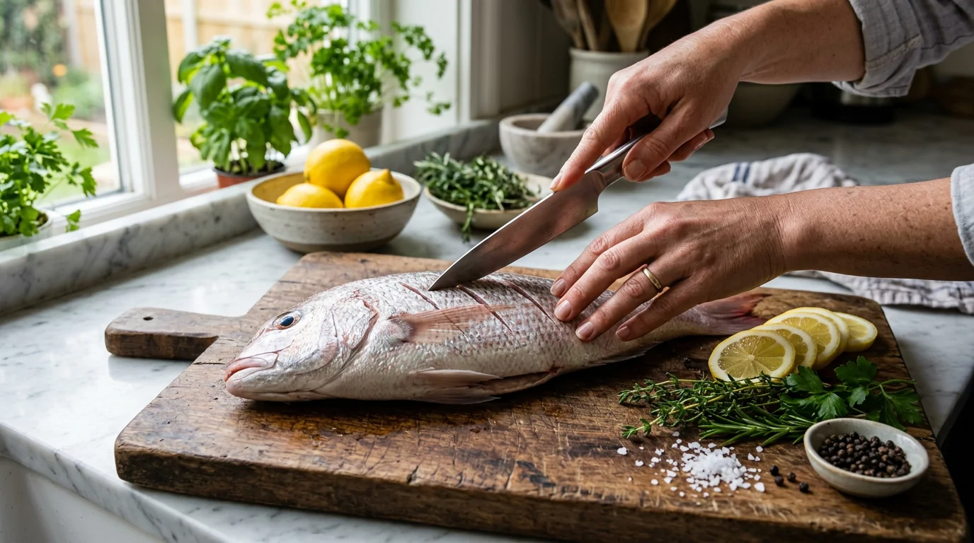 Préparer poisson entier avant vapeur Préparation d'un poisson entier avec entailles avant la cuisson vapeur