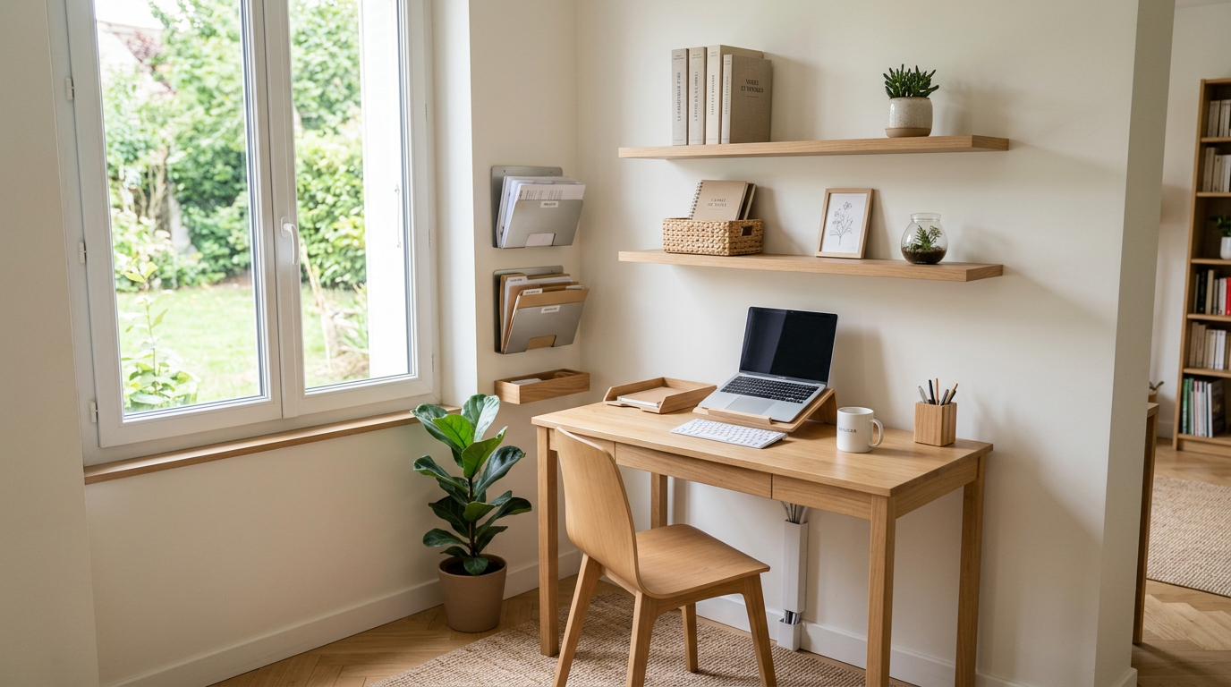 Rangement bureau étagères flottantes verticales Bureau compact avec étagères flottantes murales pour rangement vertical et surface dégagée