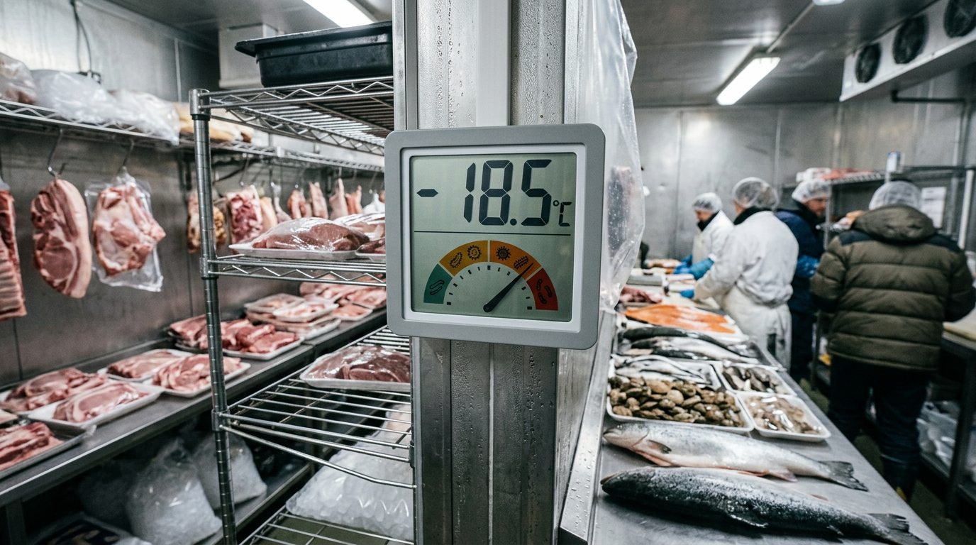 Risques rupture chaîne du froid aliments Thermomètre numérique dans une chambre froide indiquant la température de conservation des produits frais
