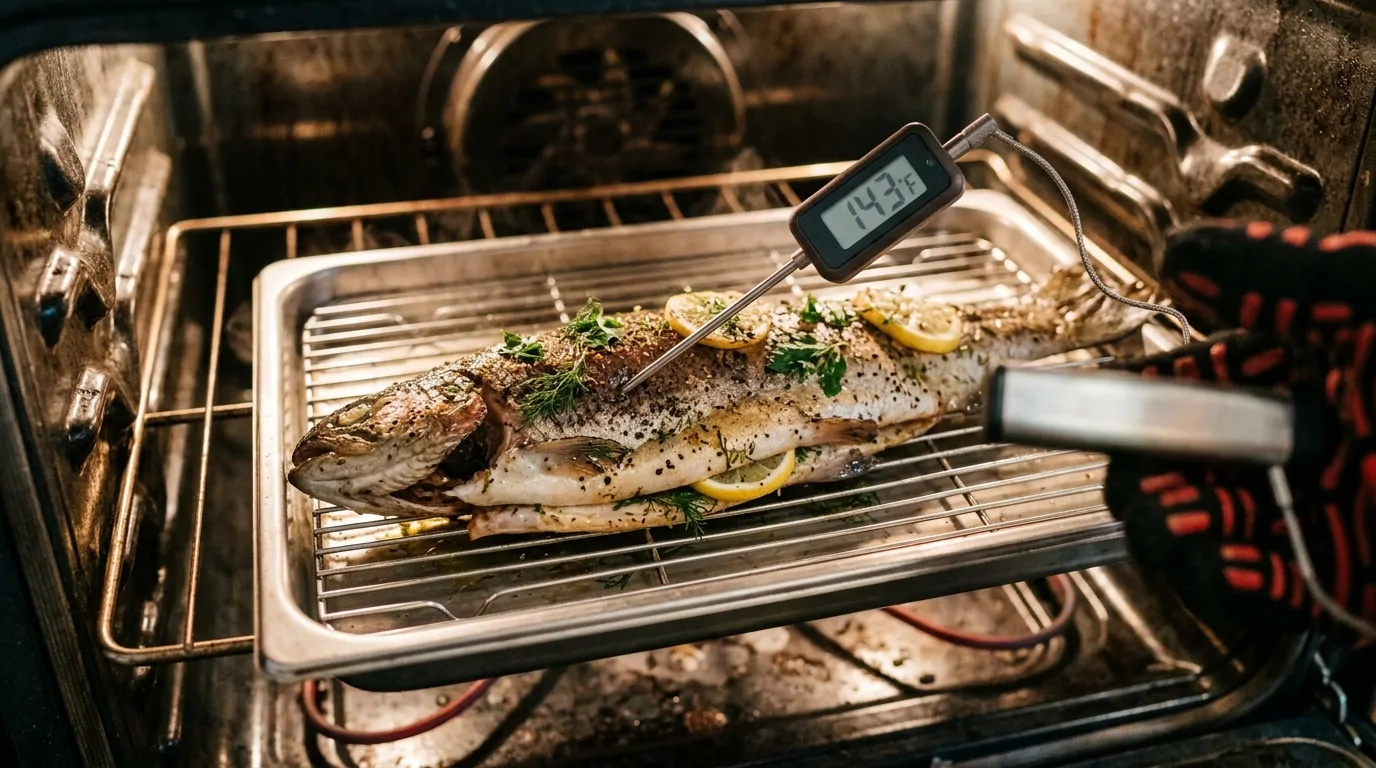 Vérifier cuisson poisson vapeur Sonde de cuisson vérifiant la cuisson d'un poisson entier à la vapeur