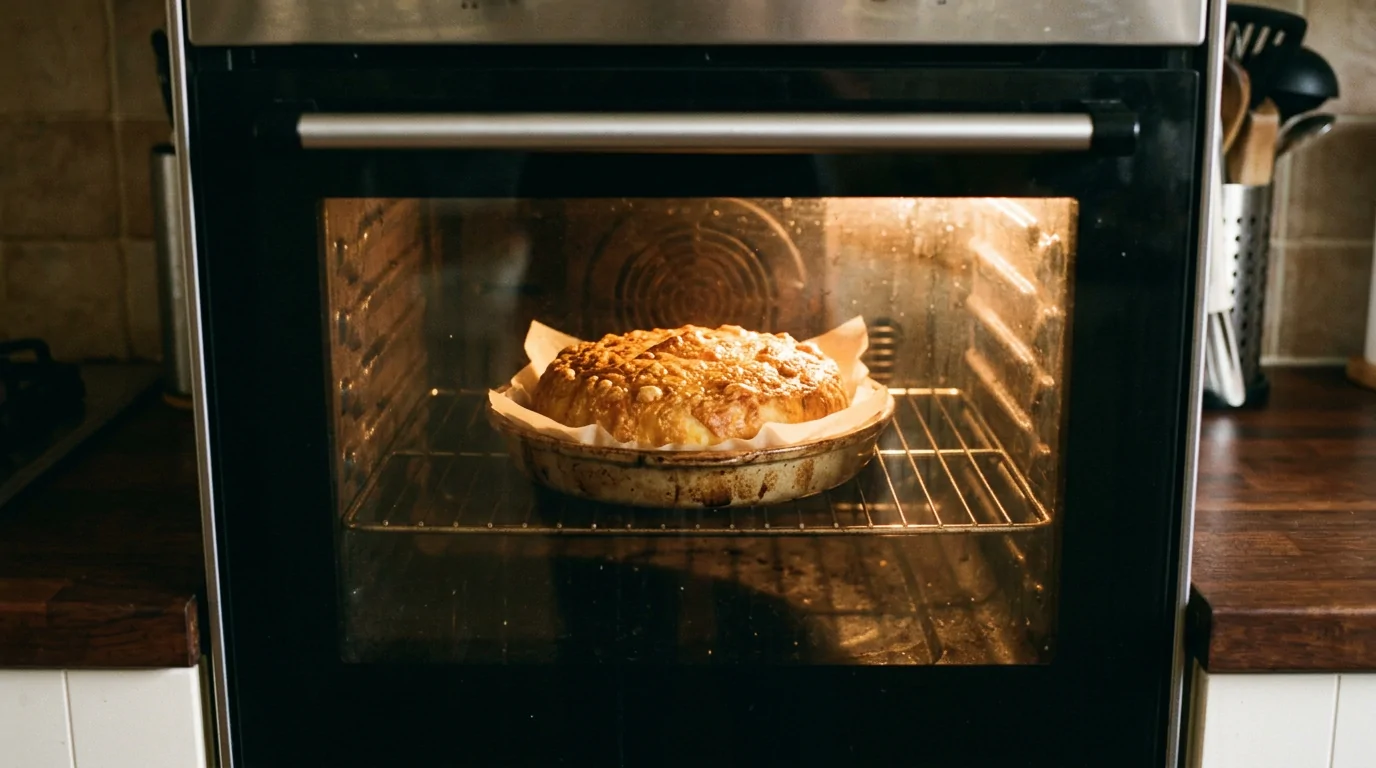 Fromage rond en cuisson dans un four avec croûte dorée Fromage rond en cuisson dans un four avec croûte dorée