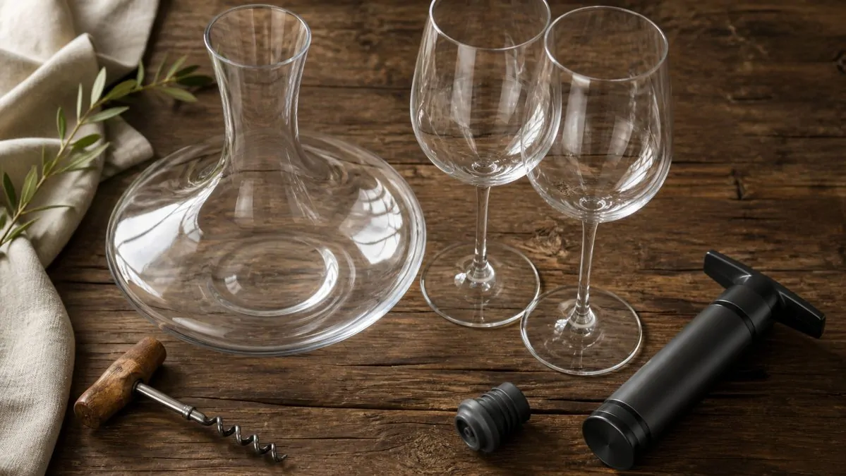 Accessoires de dégustation pour amateur de vin Tire-bouchon, carafe à décanter, verres à vin et pompe à vide sur une table