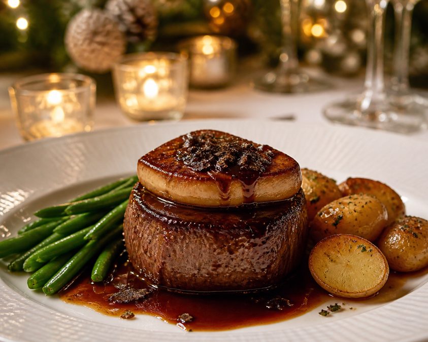 Tournedos Rossini with pan-fried foie gras, Madeira sauce and château potatoes presented on a festive plate