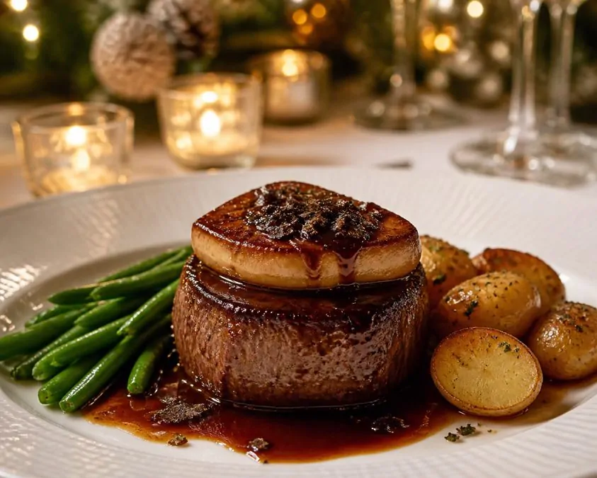 Tournedos Rossini avec foie gras poêlé, sauce madère et pommes château dressés dans une assiette de fête