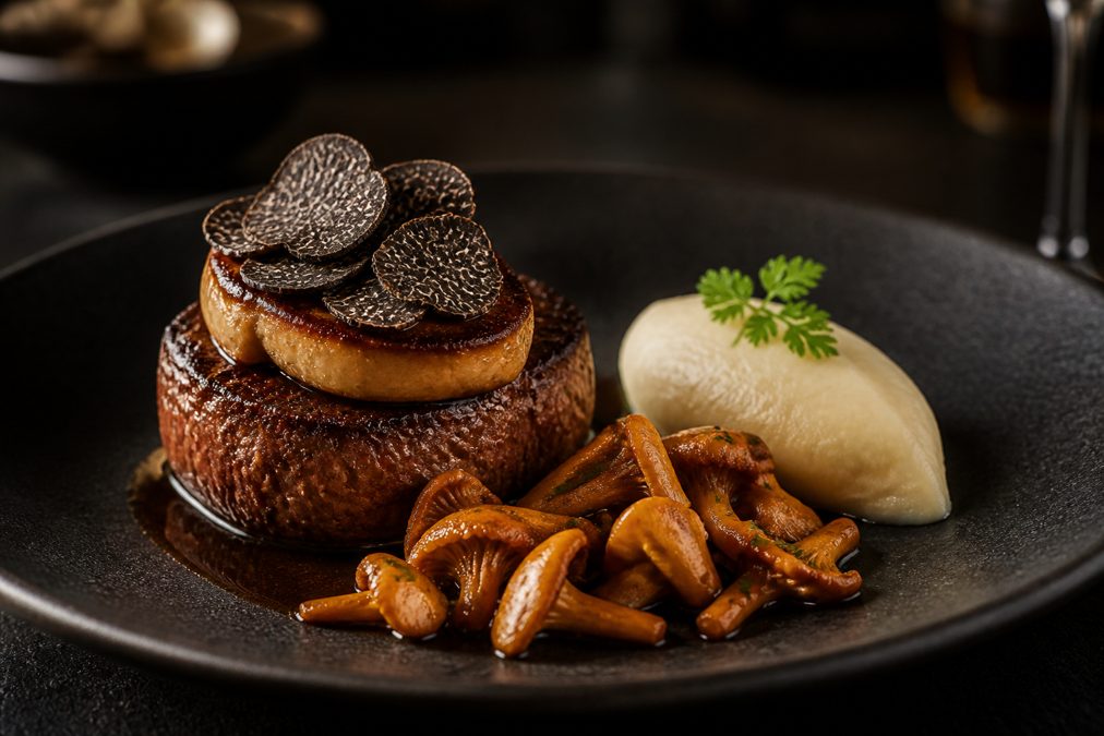 Assiette raffinée de tournedos Rossini avec purée de céleri Tournedos Rossini dressé avec purée de céleri-rave et girolles poêlées sur une assiette sombre