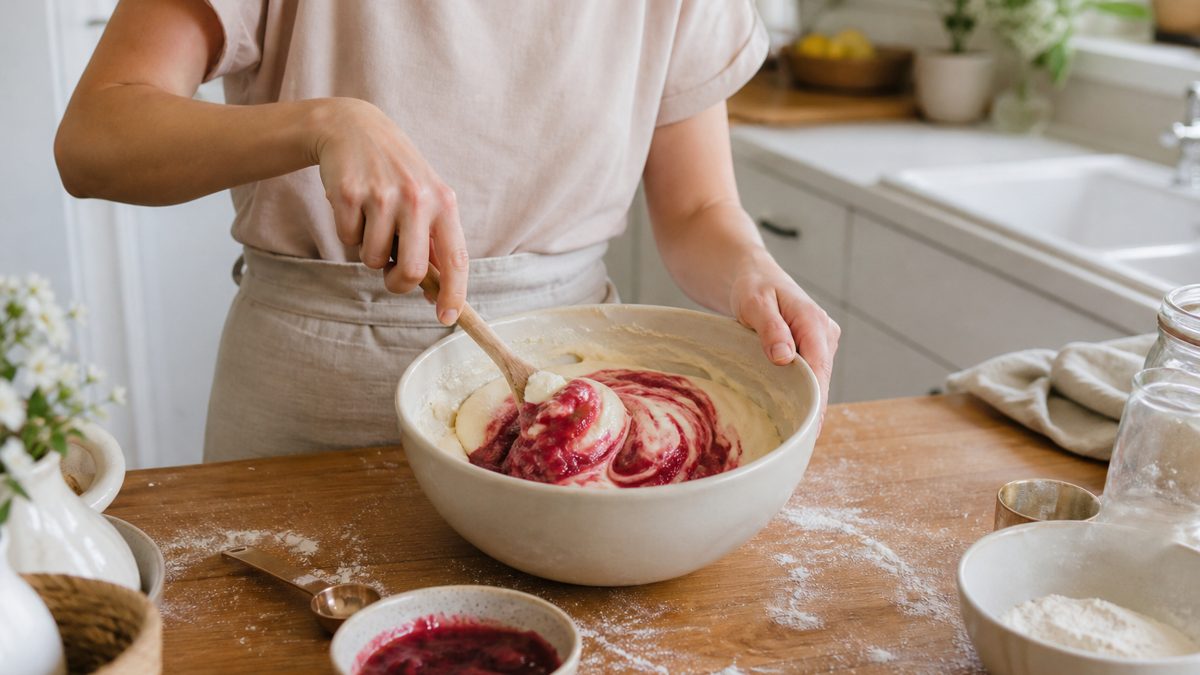 Préparation d'une pâte à gâteau avec ajout de purée de fruits dans une cuisine