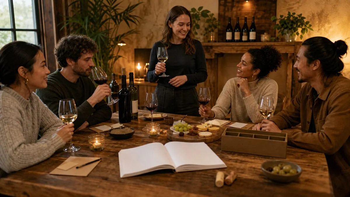 Atelier de dégustation, expérience cadeau vin Alsace Petit groupe réuni autour d'une table pour un atelier de dégustation de vin