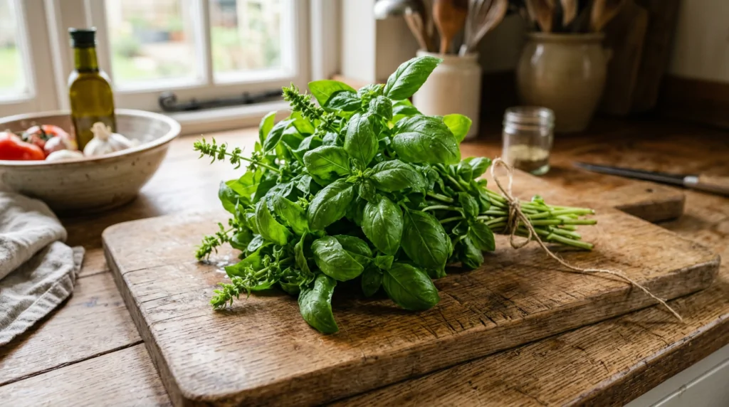 Bouquet de basilic frais aux feuilles vertes posé sur une planche en bois