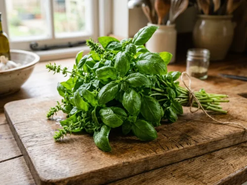 Bouquet de basilic frais aux feuilles vertes posé sur une planche en bois
