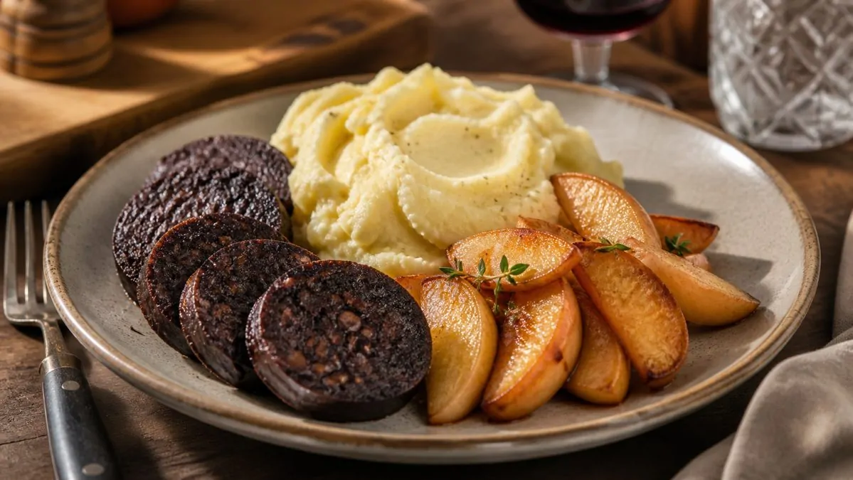 Boudin noir accompagnement image principale Boudin noir accompagné de purée maison et de pommes poêlées sur une table