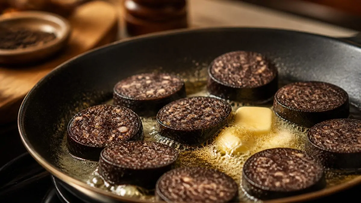 Cuisson du boudin noir à la poêle Tranches de boudin noir en train de cuire doucement dans une poêle avec du beurre