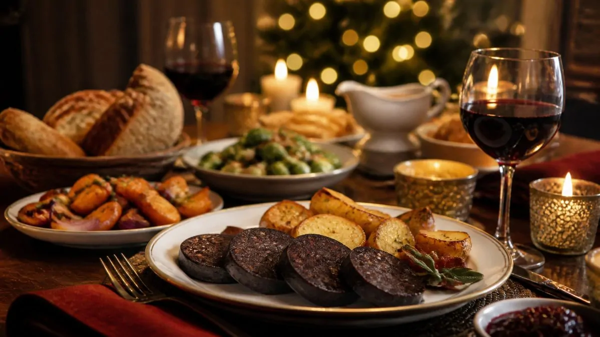 Boudin noir pour un repas de fête Table de fête dressée avec du boudin noir et ses accompagnements pour un dîner convivial