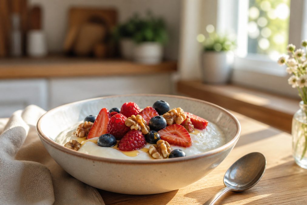 Bol de skyr nature garni de fruits rouges et de noix sur une table de cuisine le matin