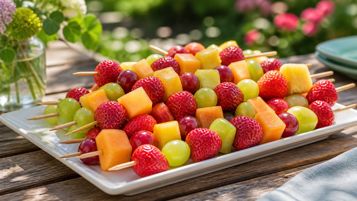 Brochettes de fruits pour finir léger Brochettes de fruits frais sur pique en bois disposées sur un plateau de service