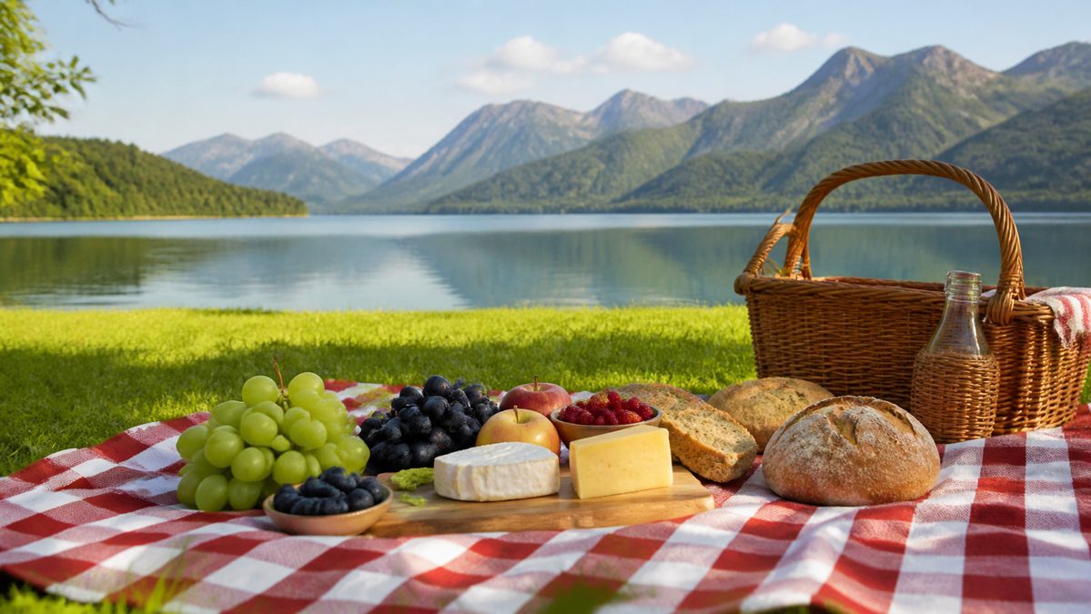 Budget pour un séjour en Savoie hors ski Pique-nique de produits locaux sur l'herbe avec vue sur un lac et des montagnes