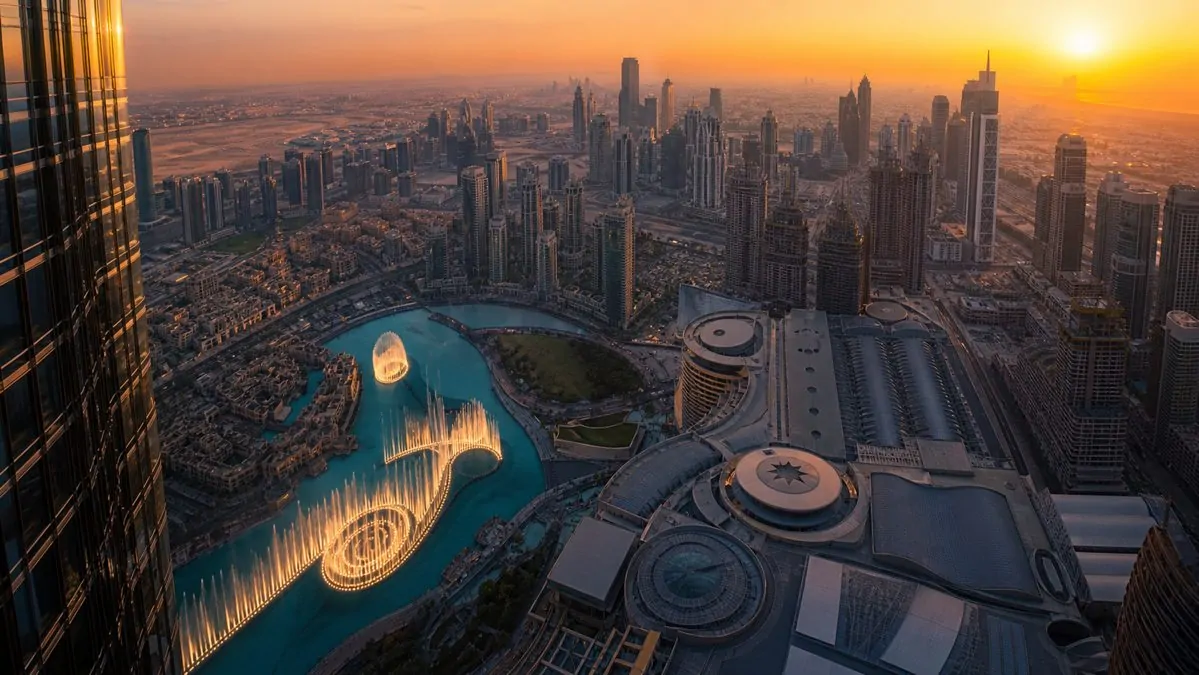 Burj Khalifa e Dubai Mall Vista panoramica da un osservatorio in quota che domina la città moderna e il centro commerciale sottostante