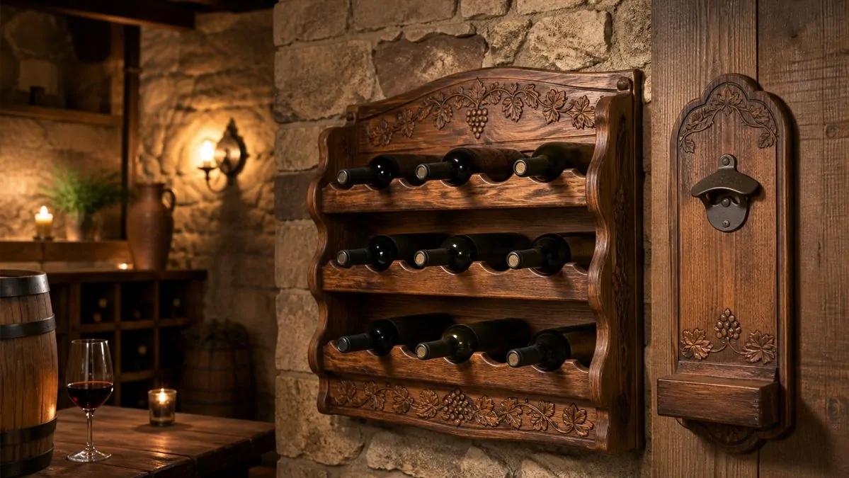 Casier à bouteilles gravé, goodie personnalisé vin Casier à bouteilles en bois gravé fixé au mur avec décapsuleur personnalisé