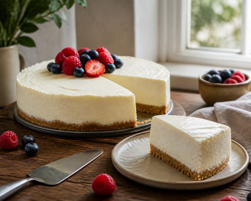 Part de cheesecake sans cuisson sur une table en bois, préparé avec un substitut de cottage cheese