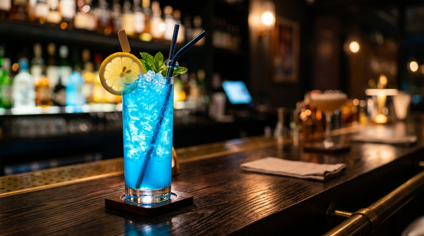 Cocktail spectaculaire pour un anniversaire réussi Cocktail bleu spectaculaire servi avec glace pilée pour surprendre les invités