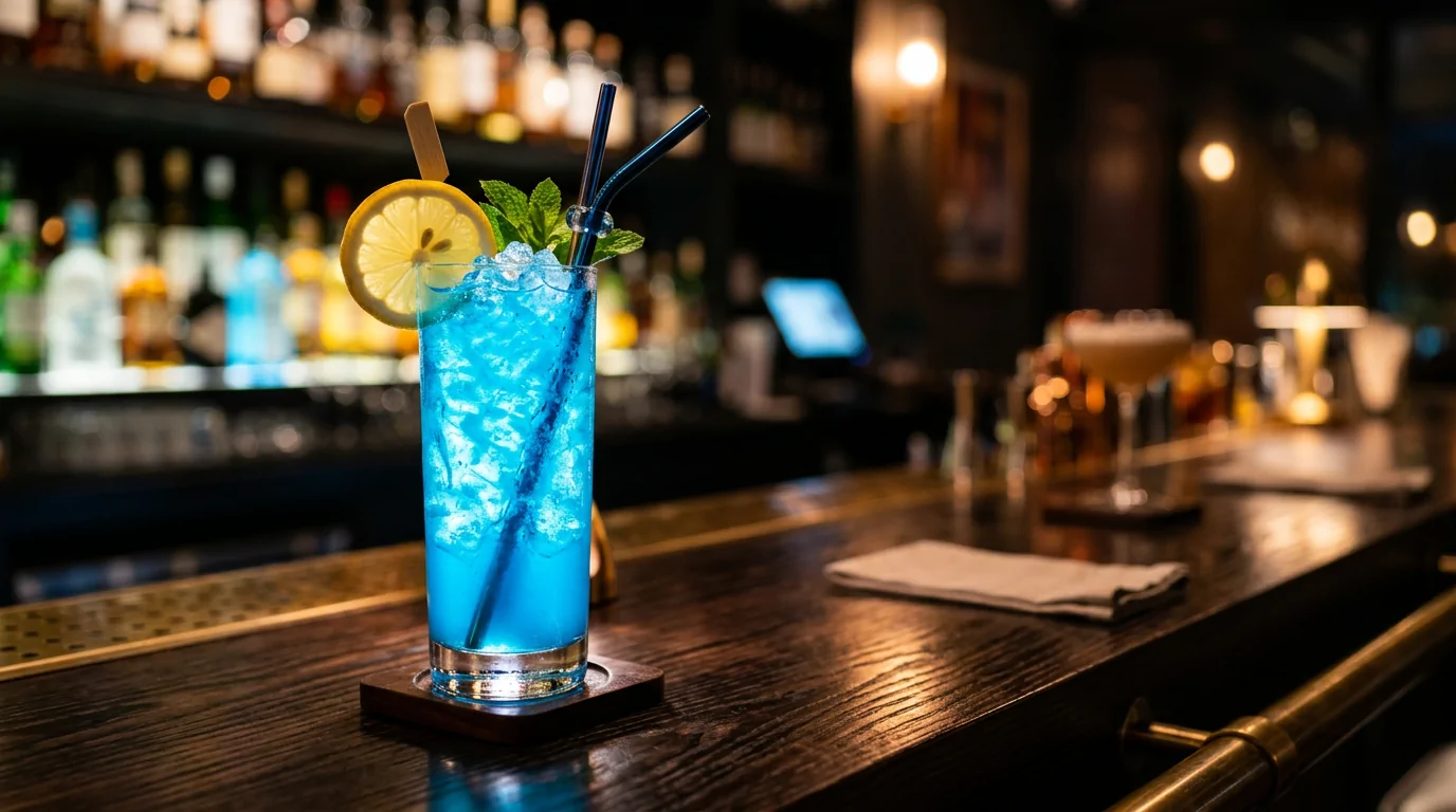 Cocktail spectaculaire pour un anniversaire réussi Cocktail bleu spectaculaire servi avec glace pilée pour surprendre les invités