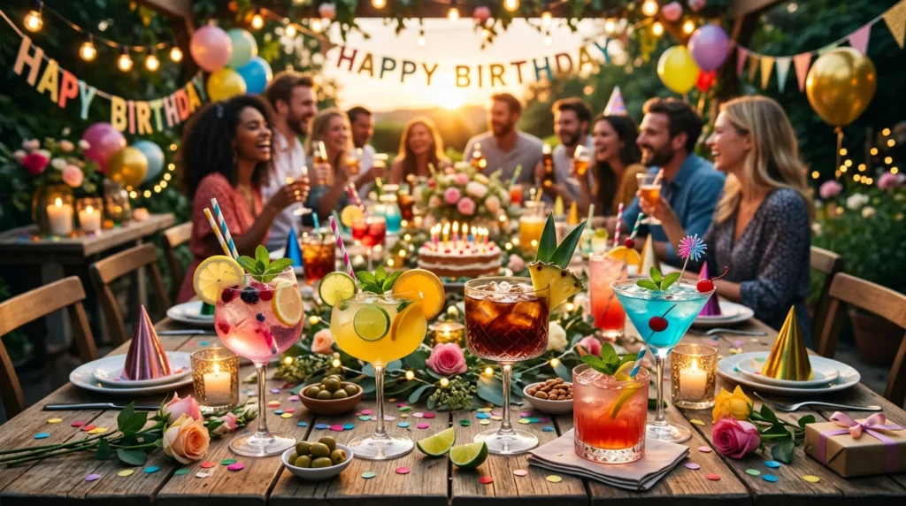 Table de fête avec plusieurs cocktails colorés pour un anniversaire