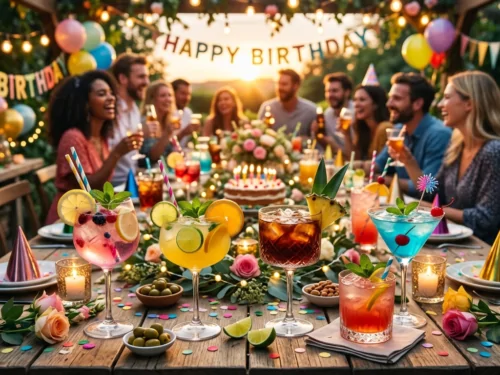 Table de fête avec plusieurs cocktails colorés pour un anniversaire