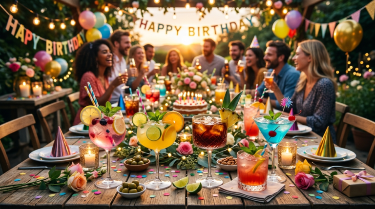Cocktails anniversaire : idées de boissons festives Table de fête avec plusieurs cocktails colorés pour un anniversaire