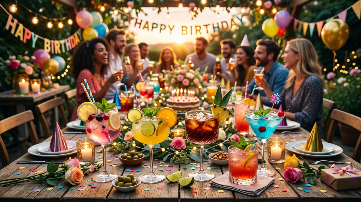 Cocktails anniversaire : idées de boissons festives Table de fête avec plusieurs cocktails colorés pour un anniversaire