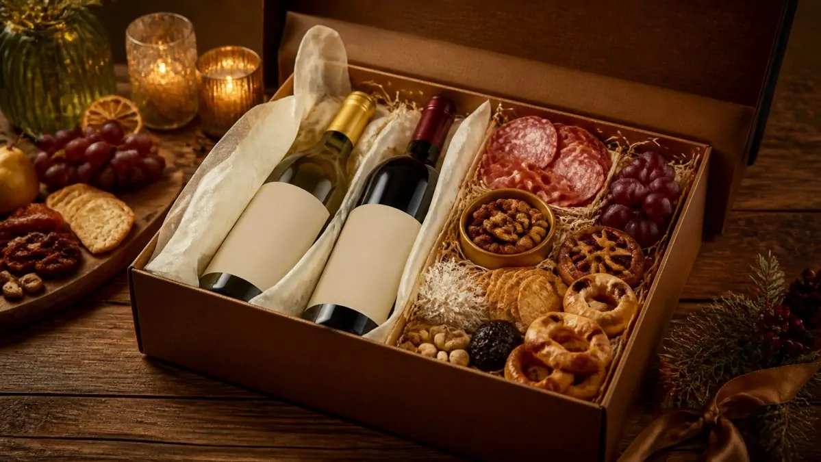 Coffret cadeau vin et crémant d'Alsace Coffret cadeau ouvert avec deux bouteilles de vin et produits gourmands régionaux