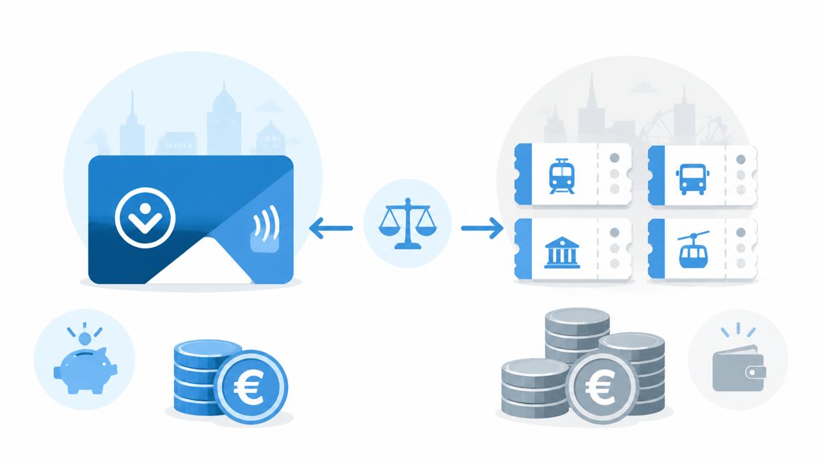 Comparatif budget carte touristique et billets à l'unité Illustration schématique comparant une carte touristique de ville et des billets d'entrée séparés avec des icônes de pièces