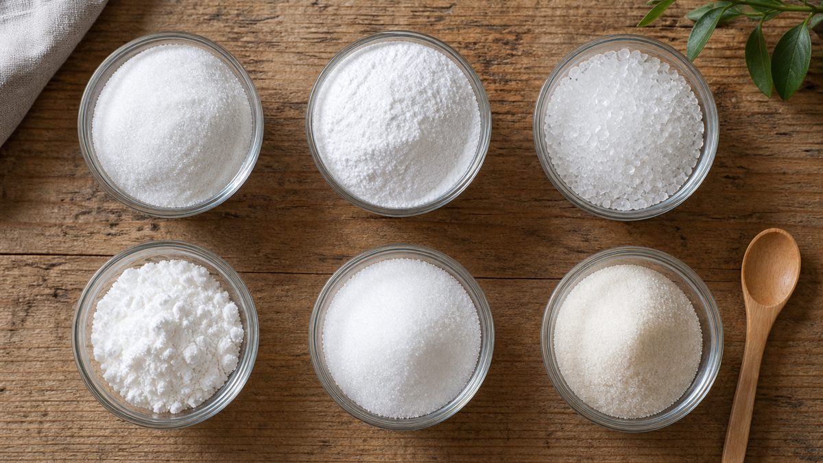 Plusieurs bols d'édulcorants différents disposés côte à côte pour comparaison
