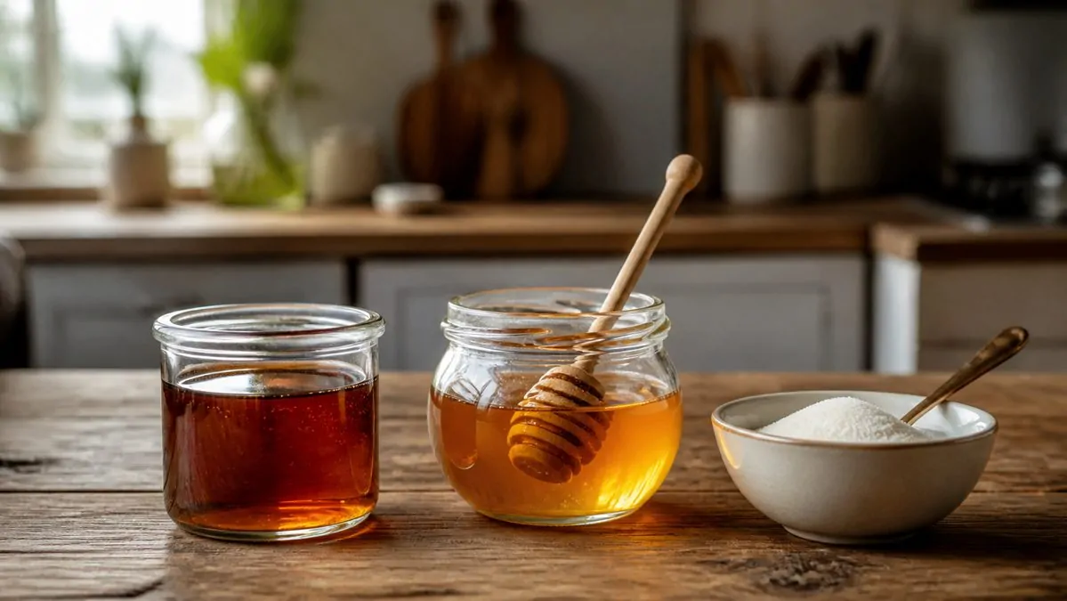 Comparatif sirop d'agave, miel et sucre blanc Pot de sirop d'agave, pot de miel et bol de sucre blanc côte à côte sur une table