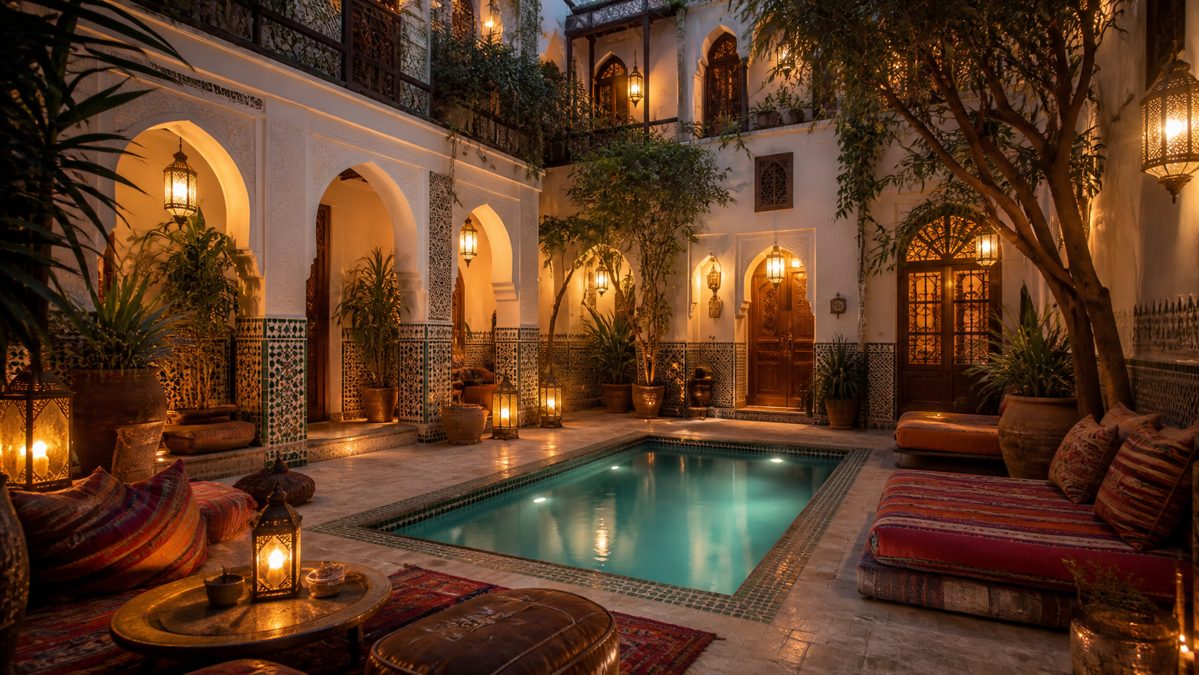 Budget hébergement à Marrakech Cour intérieure d'un riad marocain avec petite piscine, coussins et lanternes