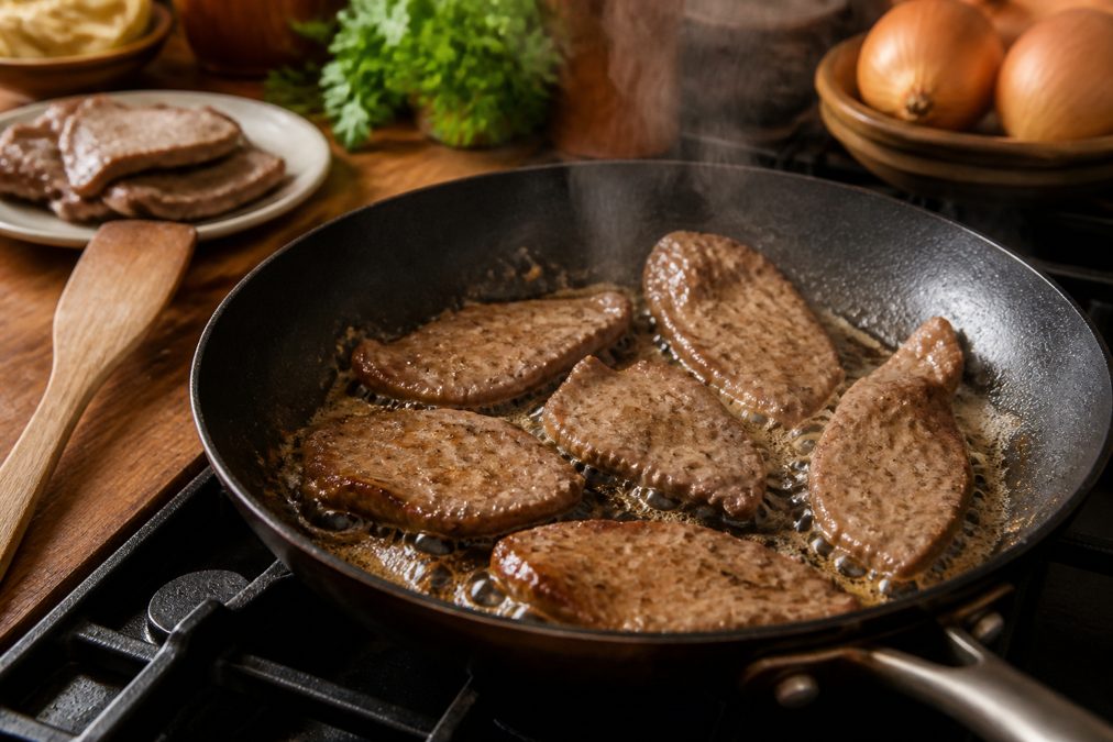 Cuisson à la poêle des tranches de foie de veau au beurre Tranches de foie de veau saisies à la poêle dans un beurre mousseux doré