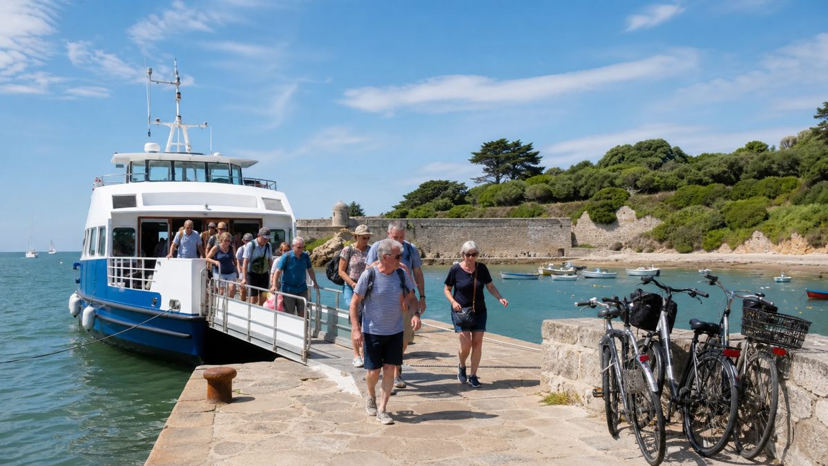 Gehen Sie auf der Île d'Aix von der Fähre; dort können Sie Fahrräder mieten Touristen steigen auf der Île d'Aix von der Fähre; am Kai können sie Fahrräder mieten